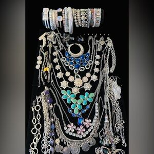 Vintage & Modern Silver Tone Floral Sparkly Glam Necklace & Bracelet Lot Of 40